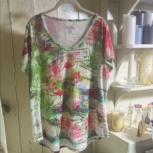 Coral Bay Pink and Green Graphic Short Sleeve T-Shirt